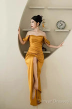 Sheath Off The Shoulder Yellow Prom Dress Evening Dress