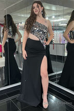Sheath One Shoulder Cut Mirror Sequins Prom Dress