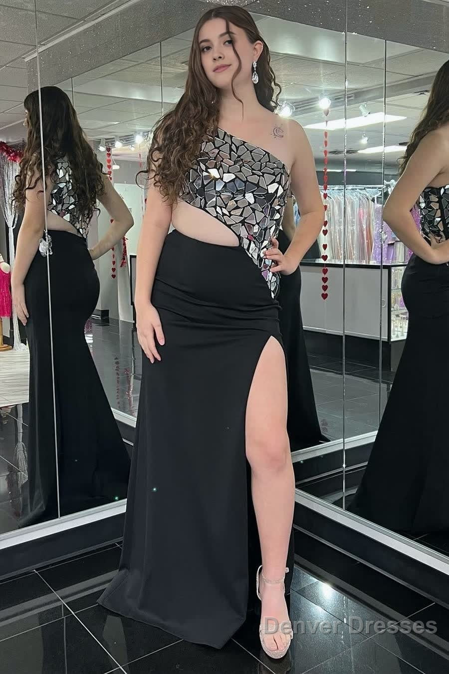 Sheath One Shoulder Cut Mirror Sequins Prom Dress