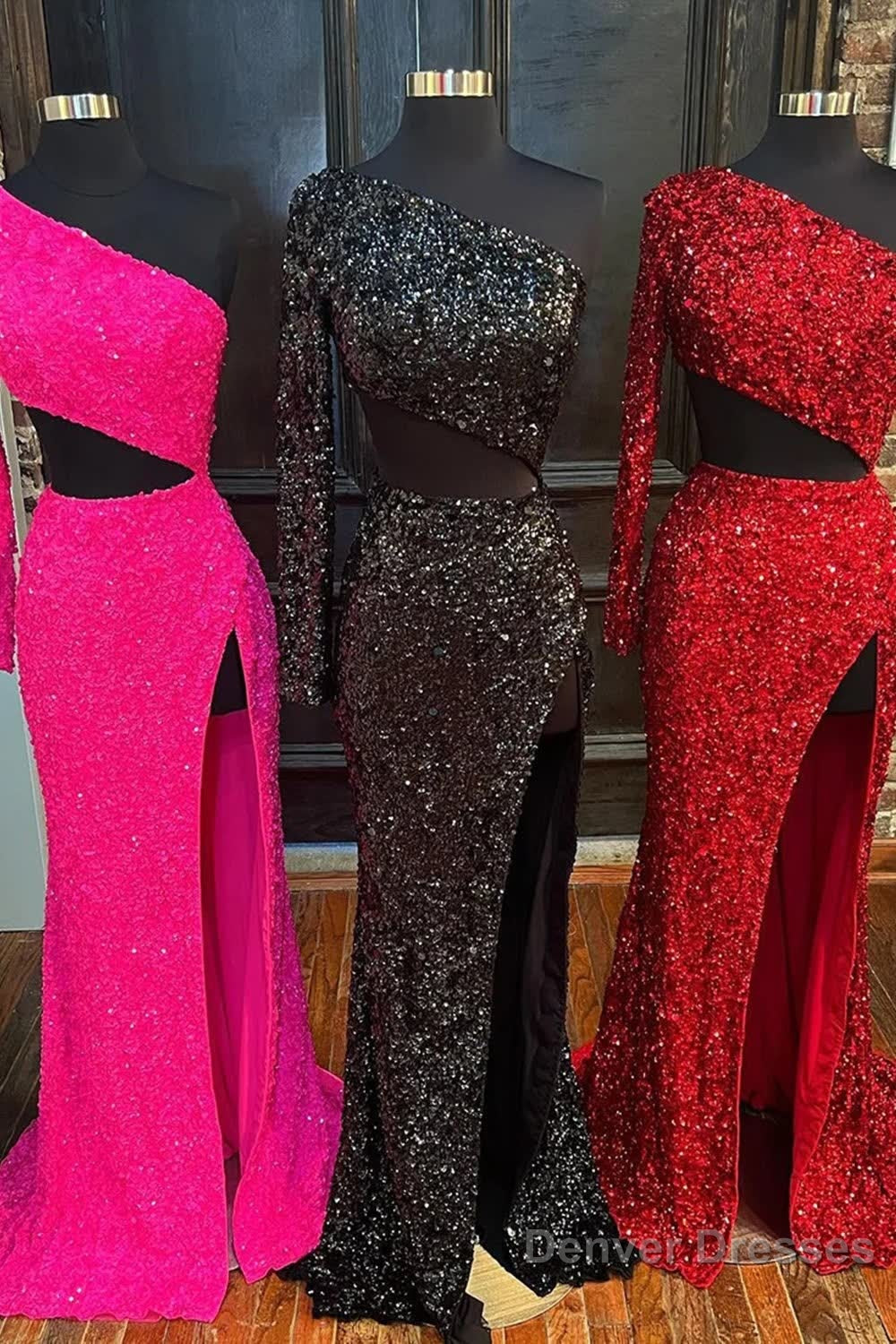 Sheath One Shoulder Red Sequins Long Prom Dress with Silt