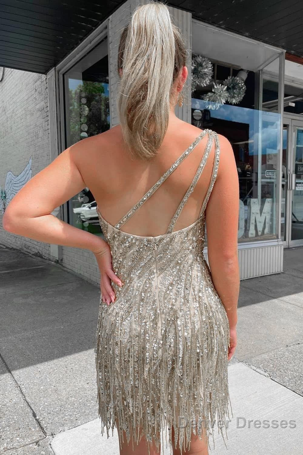 Sheath One Shoulder Silver Sequins Short Homecoming Dress with Tassel Secondary image