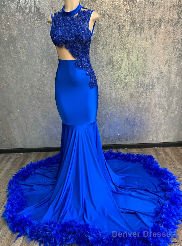 Sheath Royal Blue Mermaid Sleeveless High Neck Long Prom Dresse Main image