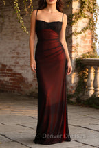 Sheath Spaghetti Straps Black Red Prom Dress Floor Length Bridesmaid Dress