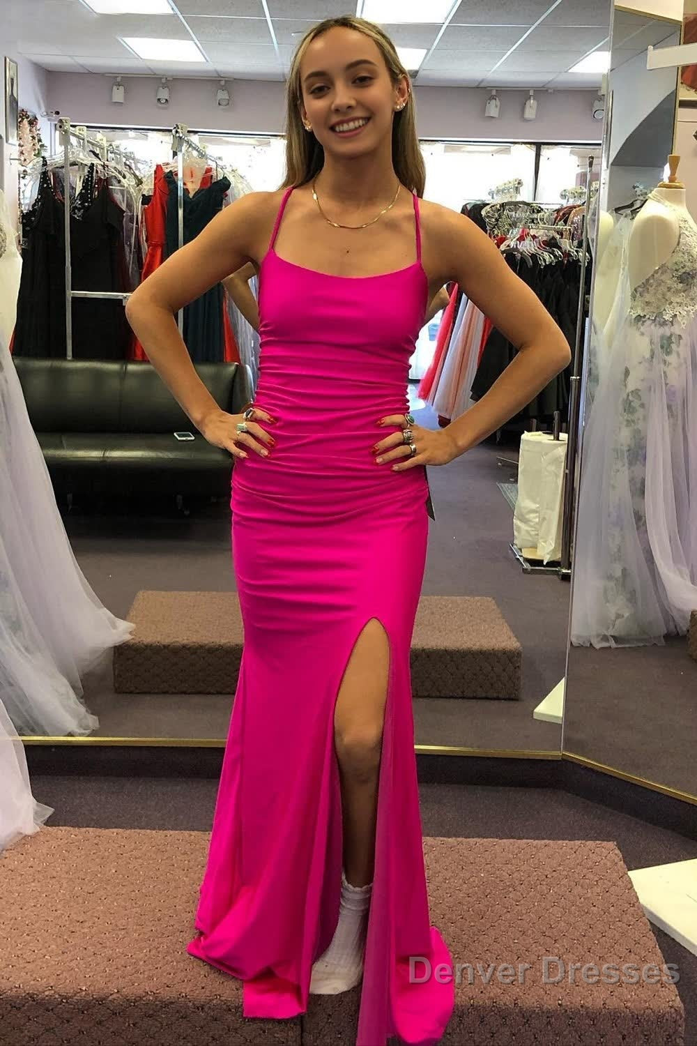 Sheath Spaghetti Straps Hot Pink Long Prom Dress with Silt Main image