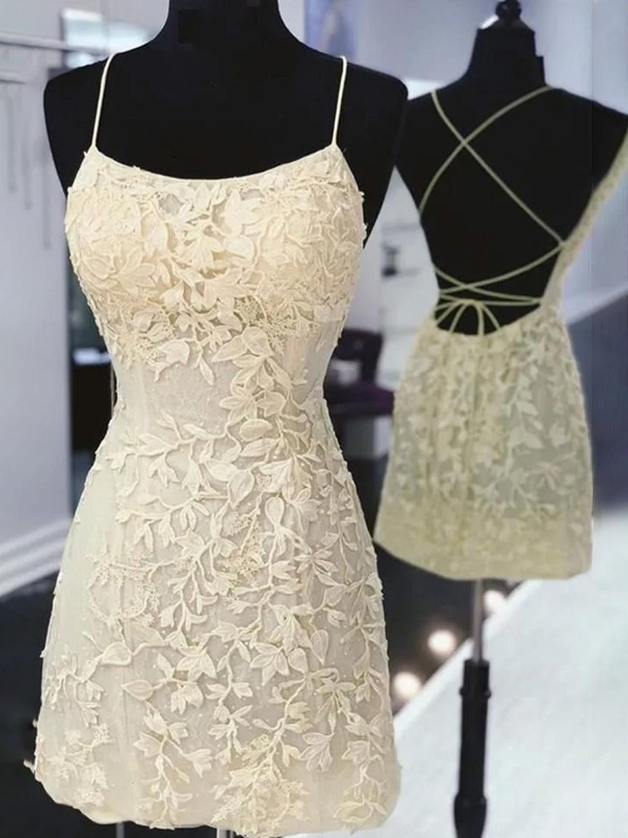 Sheath Spaghetti Straps Lace Homecoming Dress Short Cocktail Dresses
