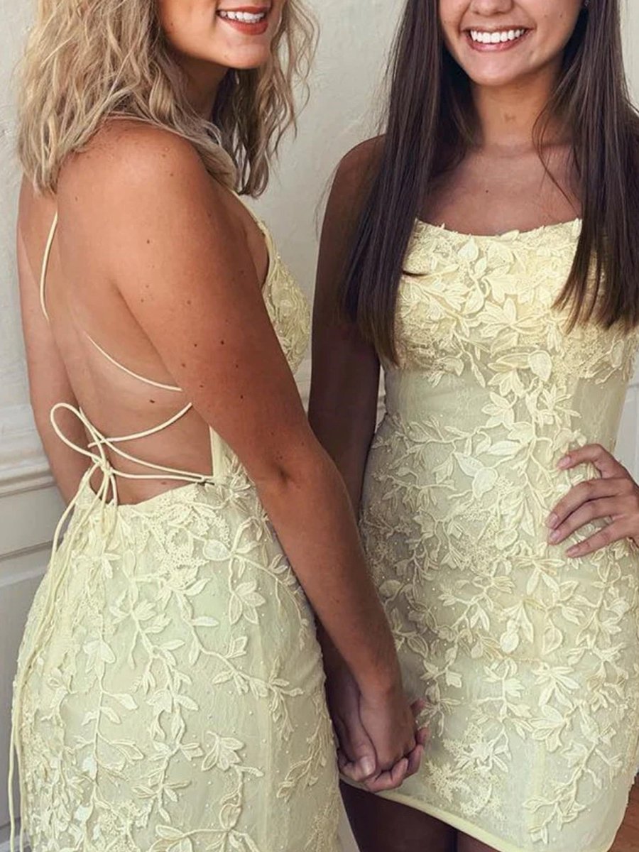 Sheath Spaghetti Straps Lace Homecoming Dress Short Cocktail Dresses