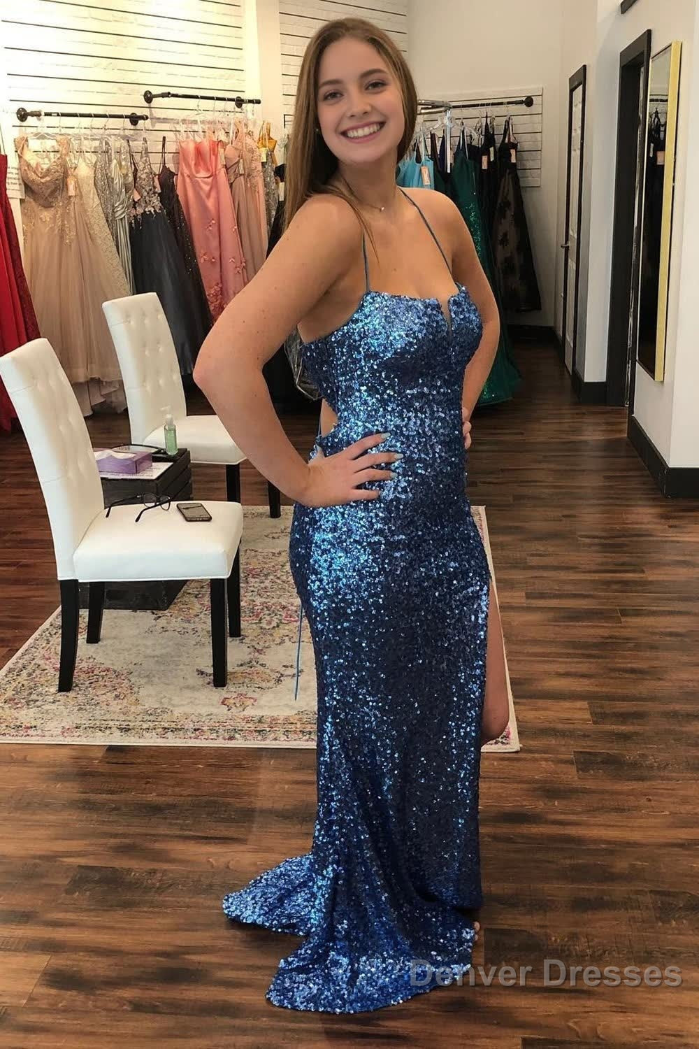 Sheath Spaghetti Straps Navy Sequins Long Prom Dress with Criss Cross Back Main image