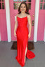 Sheath Spaghetti Straps Red Long Prom Dress with Split Front