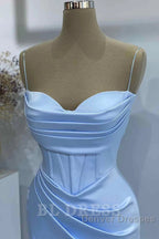 Sheath Spaghetti Straps Satin Pleated Light Blue Long Formal Dress Bridesmaid Dress Evening Gown Prom Dress With Slit