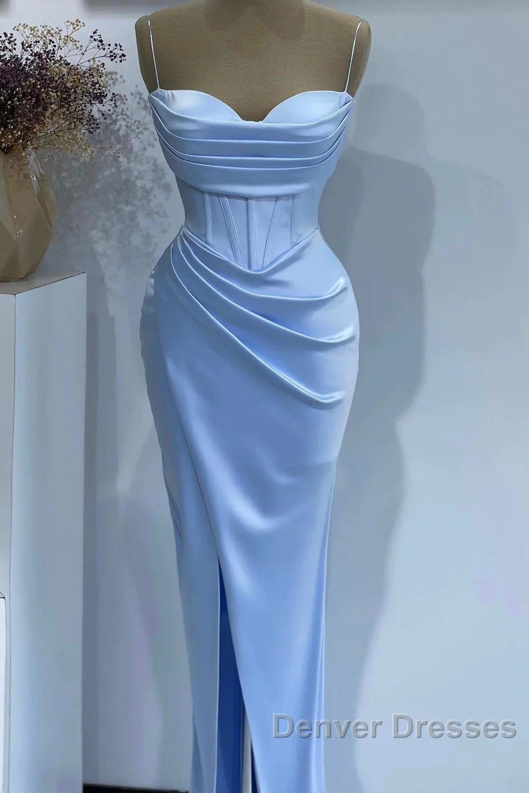 Sheath Spaghetti Straps Satin Pleated Light Blue Long Formal Dress Bridesmaid Dress Evening Gown Prom Dress With Slit