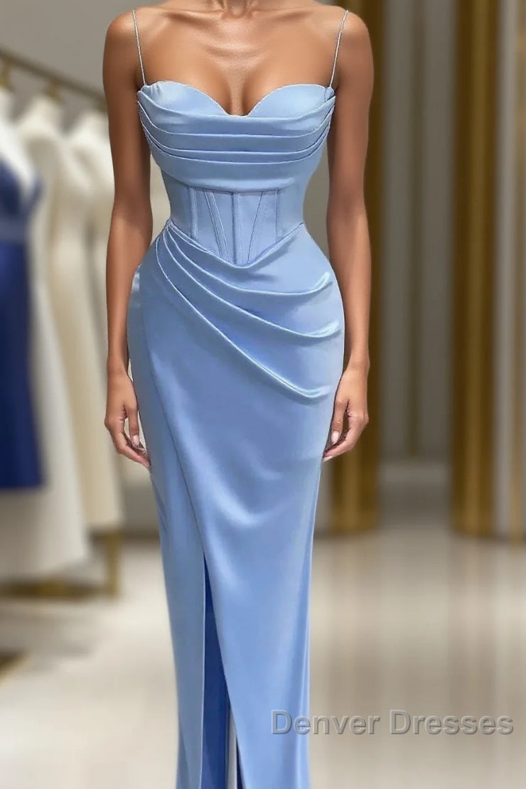 Sheath Spaghetti Straps Satin Pleated Light Blue Long Formal Dress Bridesmaid Dress Evening Gown Prom Dress With Slit Main image