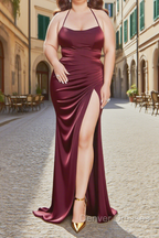Sheath Square Neckline Sweep Train Burgundy Plus Size Prom Dress With Pleated Split Formal Evening Dress