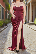 Sheath Square Neckline Sweep Train Dark Red Plus Size Prom Dress With Pleated Split Formal Evening Dress