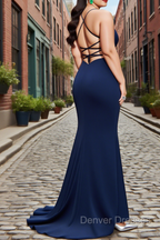 Sheath Square Neckline Sweep Train Navy Blue Plus Size Prom Dress With Pleated Split Formal Evening Dress