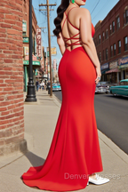 Sheath Square Neckline Sweep Train Red Plus Size Prom Dress With Pleated Split Formal Evening Dress