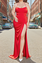 Sheath Square Neckline Sweep Train Red Plus Size Prom Dress With Pleated Split Formal Evening Dress