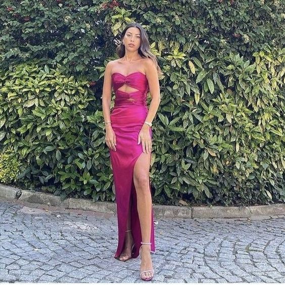 Sheath Strapless Hot Pink Floor Length Sleeveless Prom Dress