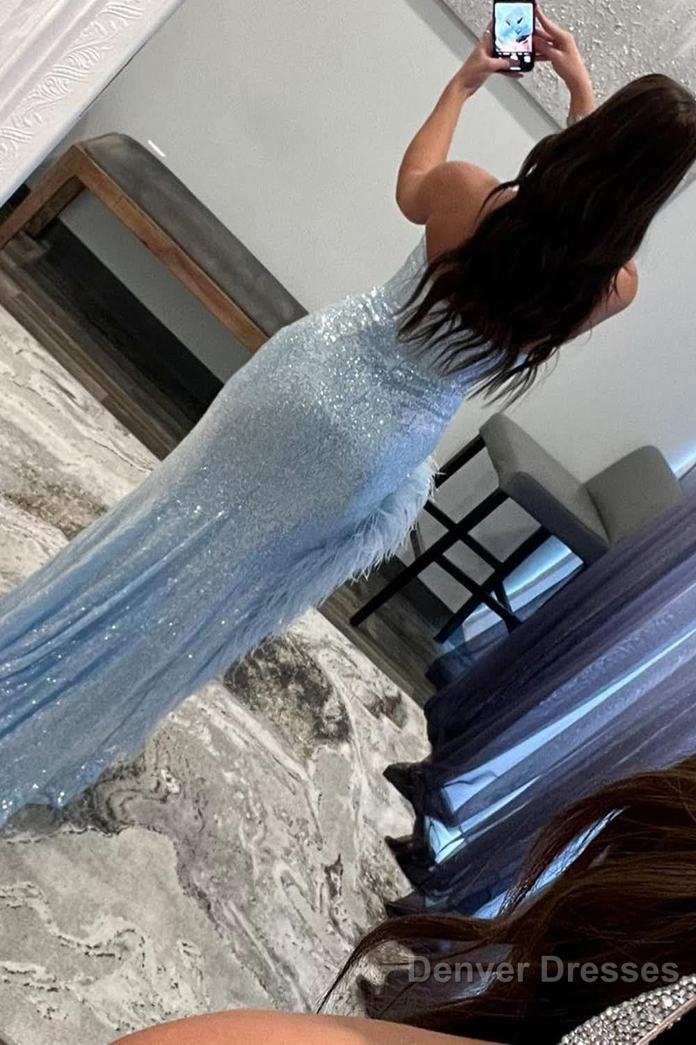 Sheath Sweetheart Light Blue Sequins Long Prom Dress with Feather Secondary image