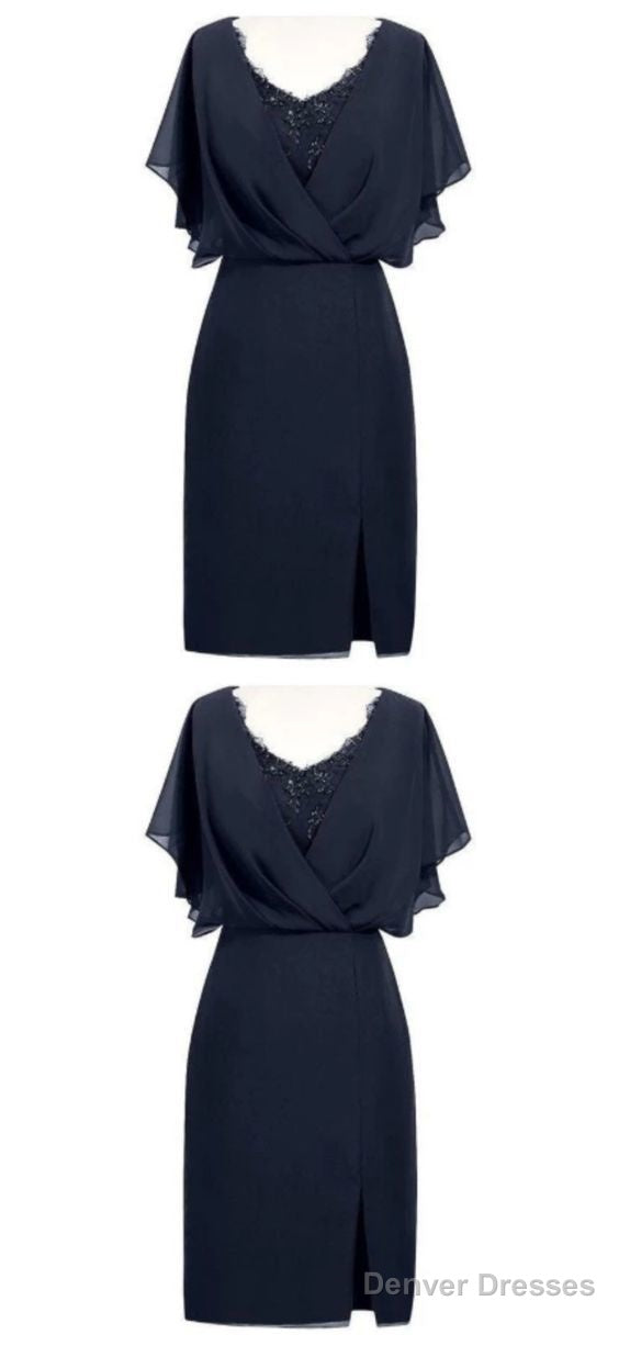Sheath V-Neck Short Navy Blue Chiffon Homecoming Dress