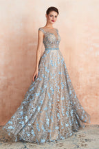 Sheer A-Line Lace Sequin Jewel Long Prom Dresses with Crystals