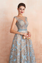 Sheer A-Line Lace Sequin Jewel Long Prom Dresses with Crystals