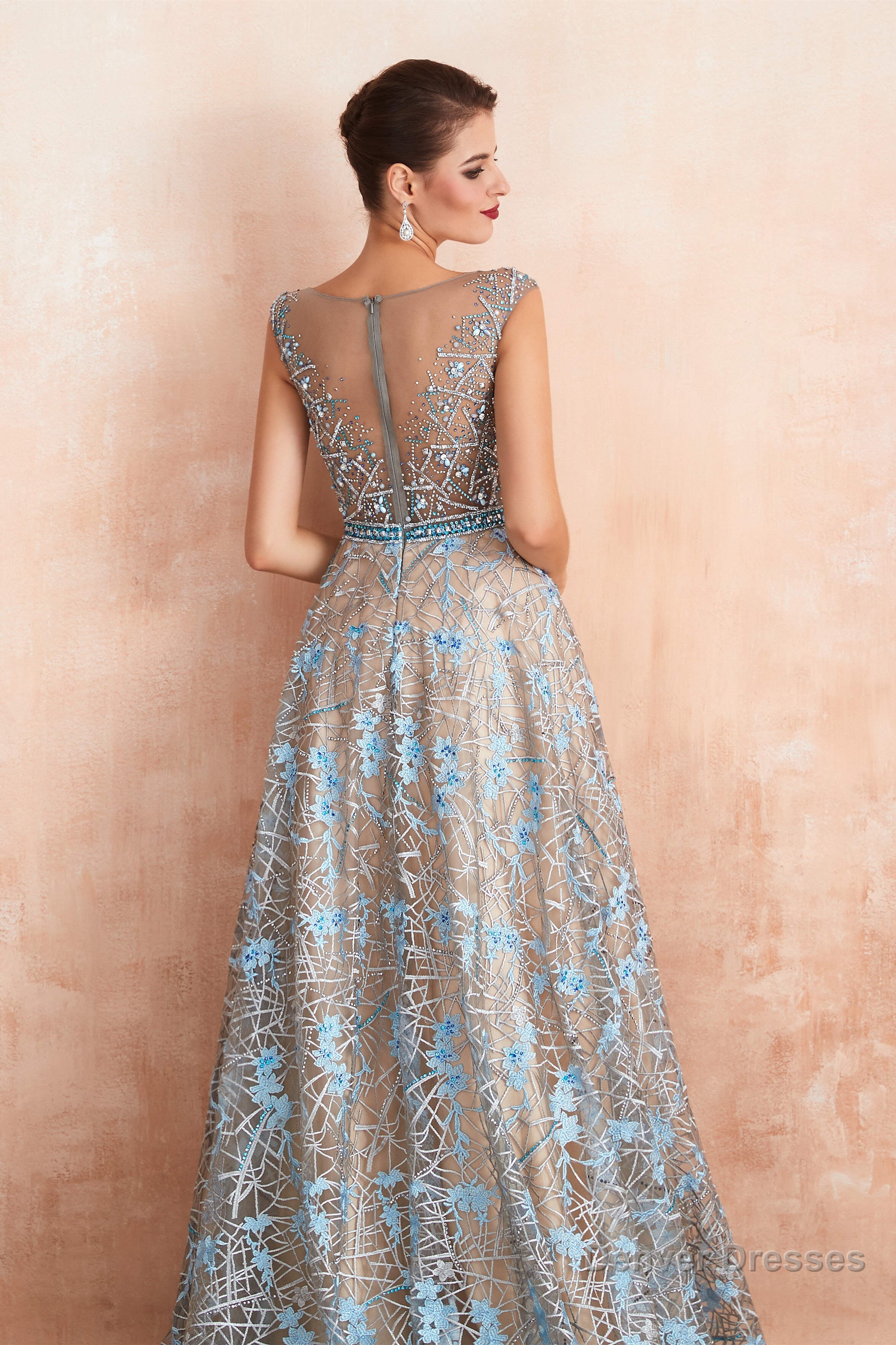 Sheer A-Line Lace Sequin Jewel Long Prom Dresses with Crystals