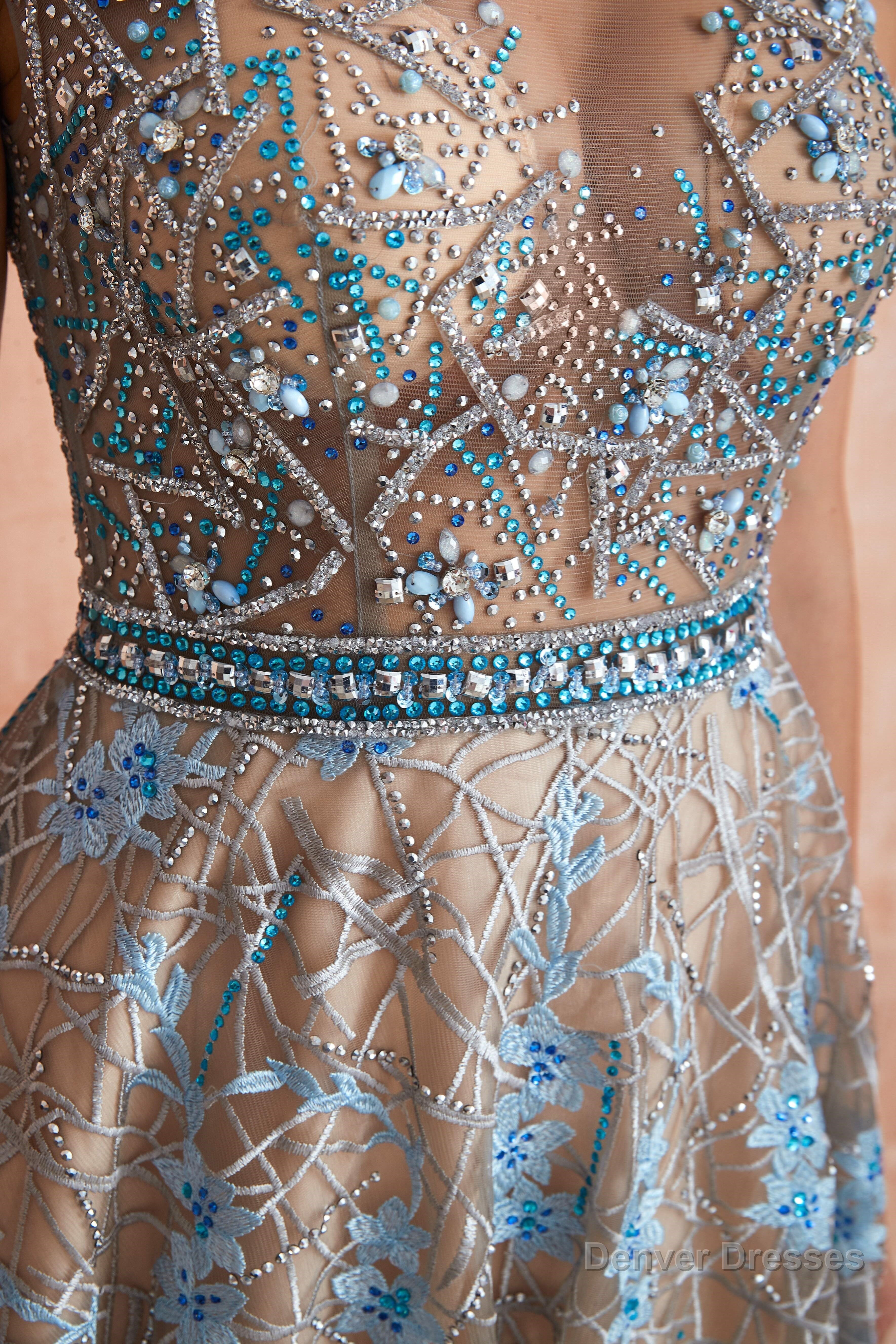 Sheer A-Line Lace Sequin Jewel Long Prom Dresses with Crystals