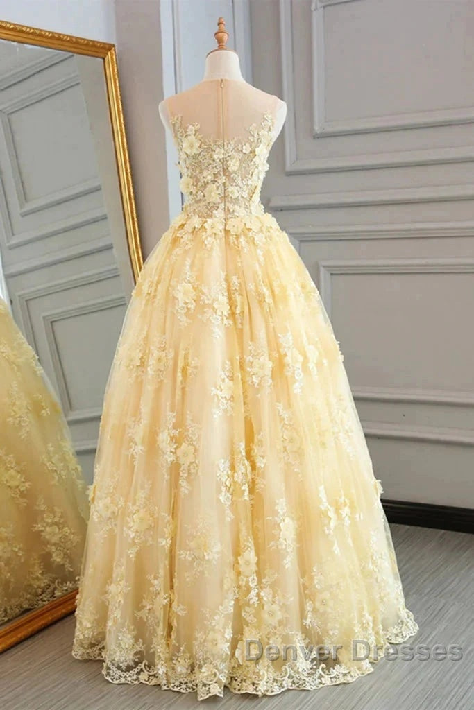 Sheer Appliques Lace A Line Yellow Prom Dress Secondary image