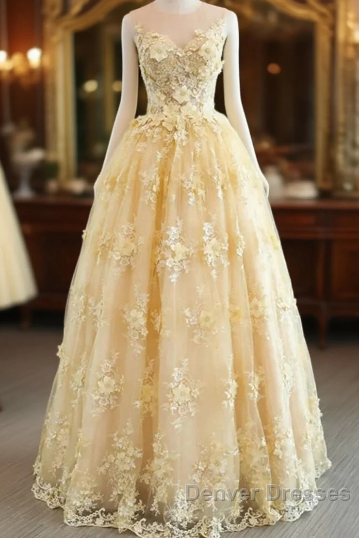 Sheer Appliques Lace A Line Yellow Prom Dress Main image