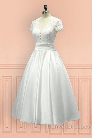 Sheer Back Satin Buttons Tea Length Cap Sleeves Wedding Dress Secondary image