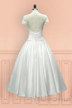 Sheer Back Satin Buttons Tea Length Cap Sleeves Wedding Dress