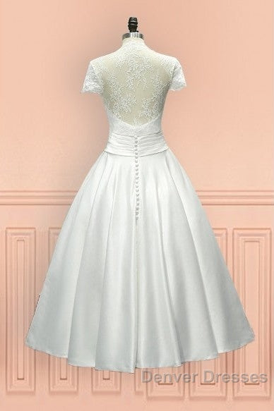 Sheer Back Satin Buttons Tea Length Cap Sleeves Wedding Dress