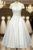 Sheer Back Satin Buttons Tea Length Cap Sleeves Wedding Dress