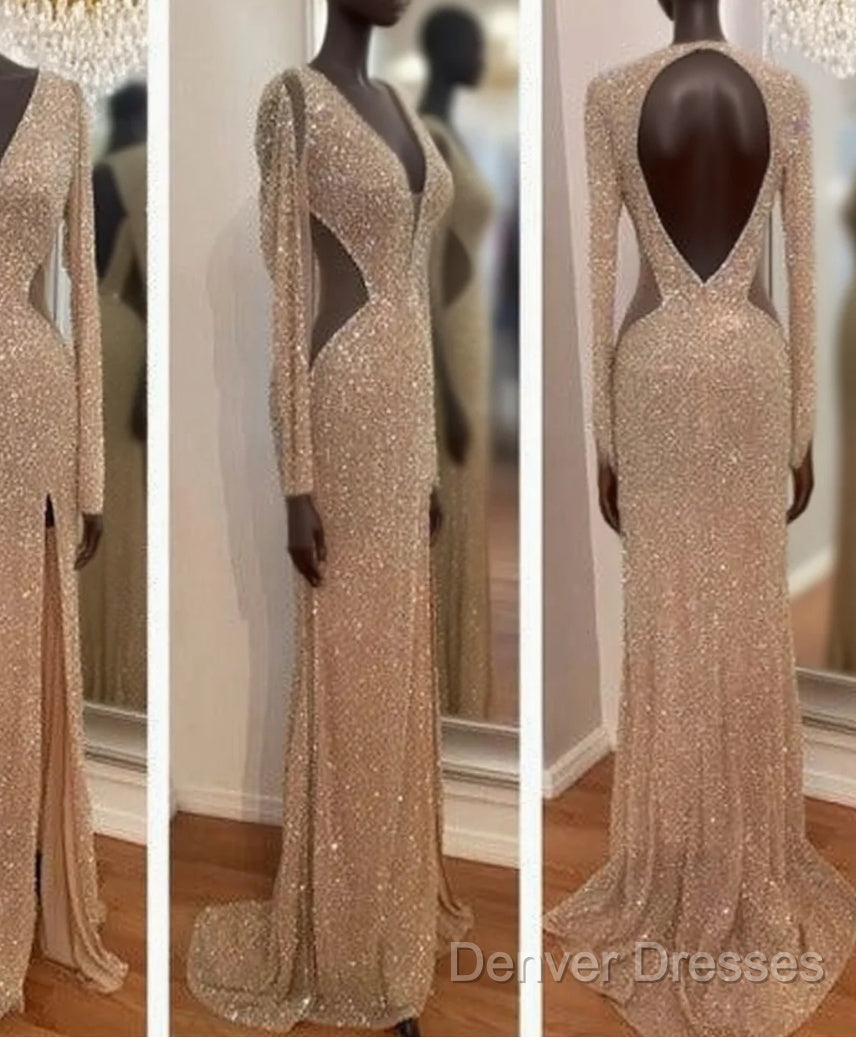 Sheer Sexy Sequins Long Sleeves Prom Dress