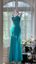 Shimmering Lake Blue Mermaid Beaded Chiffon Long Prom Dress Evening Dress