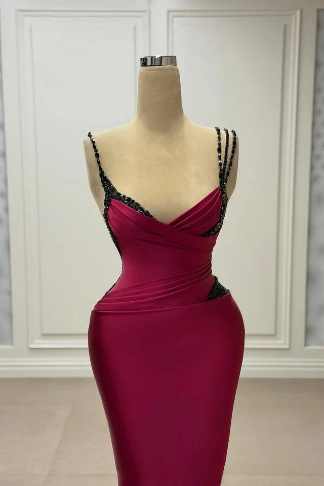 Shining Dark Red Spaghetti-Straps V-Neck Satin Prom Dress Sleeveless Mermaid With Beads Secondary image