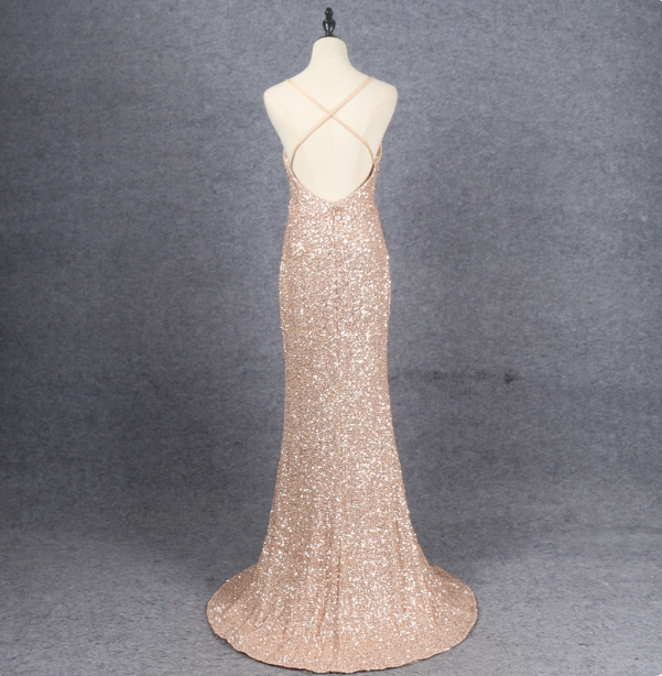 Shining Rose Gold Mermaid Spaghetti Strap V-Neck Slit Sequin Long Prom Dress Evening Dress Secondary image