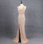 Shining Rose Gold Mermaid Spaghetti Strap V-Neck Slit Sequin Long Prom Dress Evening Dress