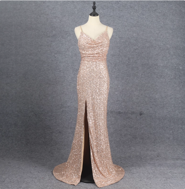 Shining Rose Gold Mermaid Spaghetti Strap V-Neck Slit Sequin Long Prom Dress Evening Dress Main image
