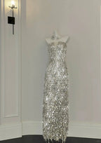 Shining Silver-White Slim-Fit Tube Top Sequined Tassel Long Prom Dress Evening Dress