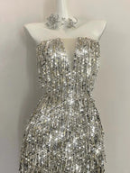 Shining Silver-White Slim-Fit Tube Top Sequined Tassel Long Prom Dress Evening Dress