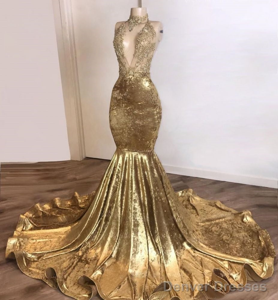 Shinning Champagne Gold Deep V-Neck Court Train Mermaid Prom Dresses Secondary image