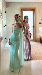 Shinning Mermaid Strapless Green Sequin Prom Dress Party Dress 18Th Birthday Outfits Graduation Dress