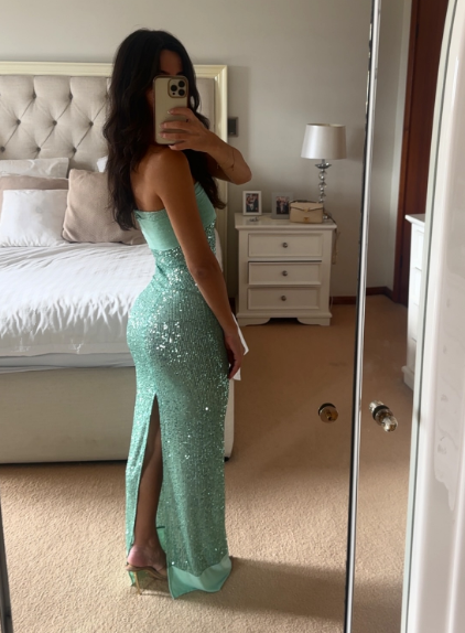 Shinning Mermaid Strapless Green Sequin Prom Dress Party Dress 18Th Birthday Outfits Graduation Dress