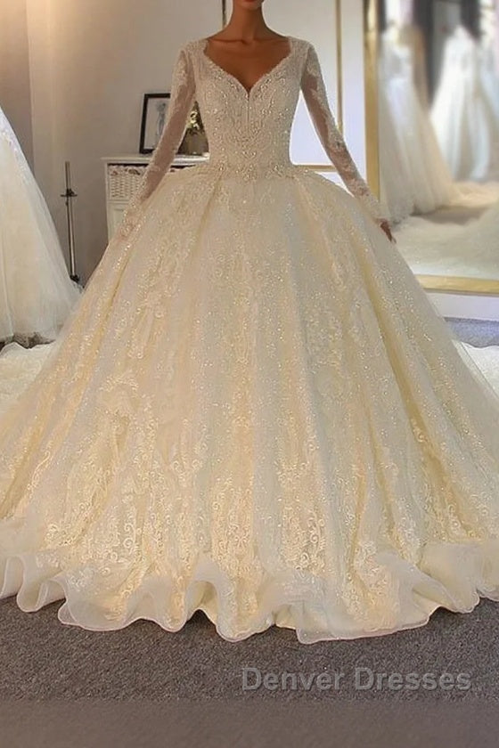 Shinny Long A-line Full Beading Lace-Up Wedding Dress with Sleeves Main image