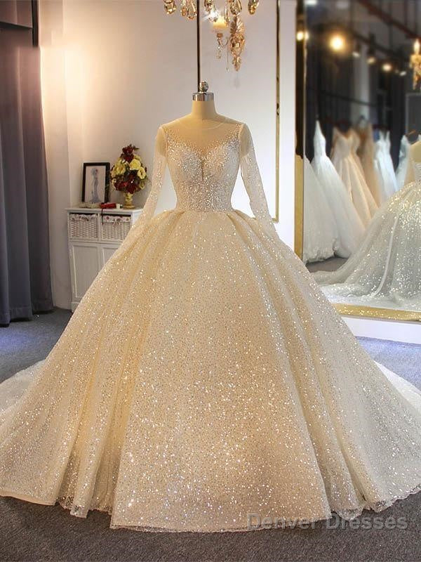 Shinny Long Ball Gown Sweetheart Sparkling Wedding Dresses with Sleeves Main image