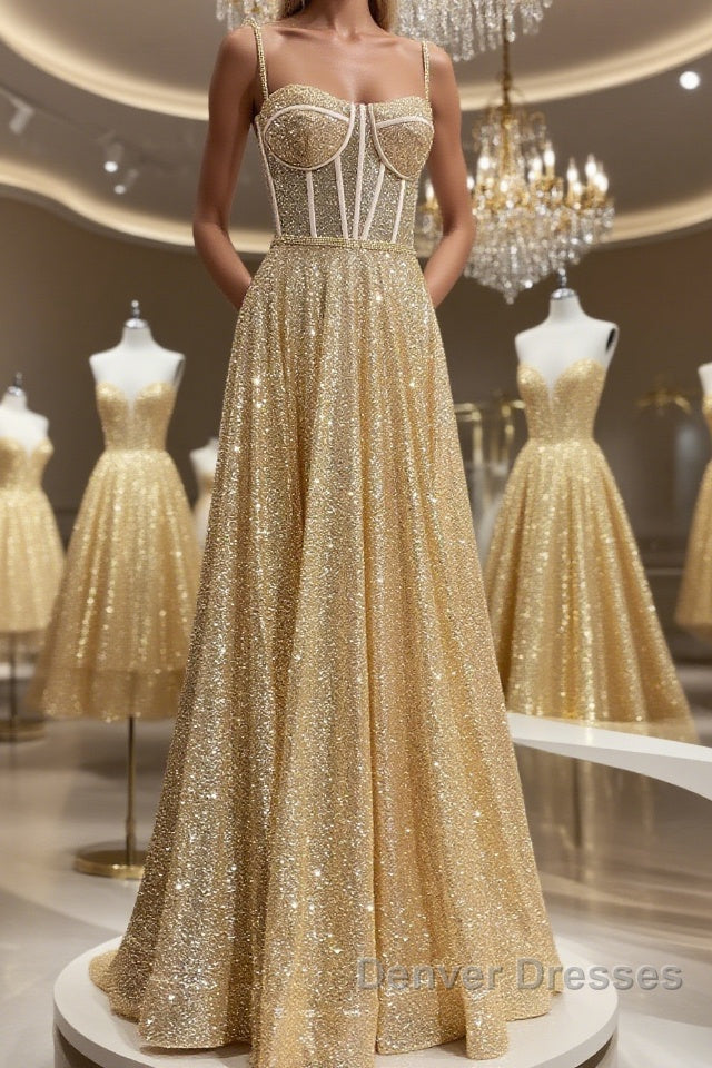 Shiny A Line Spaghetti Straps Gold Prom Dress Long, Sweetheart Neck Golden Formal Dress, Gold Tulle Evening Dress WT1856