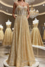 Shiny A Line Spaghetti Straps Gold Prom Dress Long, Sweetheart Neck Golden Formal Dress, Gold Tulle Evening Dress WT1856
