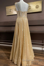 Shiny A Line Spaghetti Straps Gold Prom Dress Long, Sweetheart Neck Golden Formal Dress, Gold Tulle Evening Dress WT1856