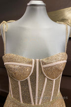 Shiny A Line Spaghetti Straps Gold Prom Dress Long, Sweetheart Neck Golden Formal Dress, Gold Tulle Evening Dress WT1856